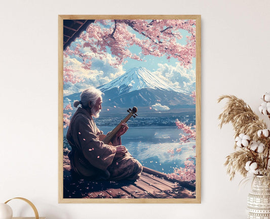 Affiche Art Biwa : Paysage de Mont Fuji et Cerisiers en Fleurs