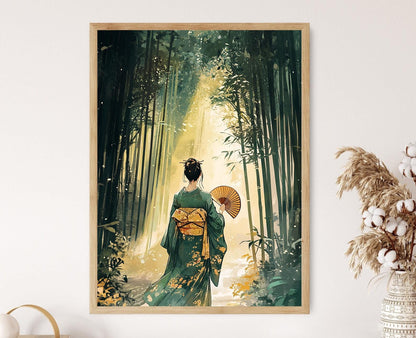 Affiche Forêt de Bambous Japonaise – Poster Femme en Kimono Traditionnel