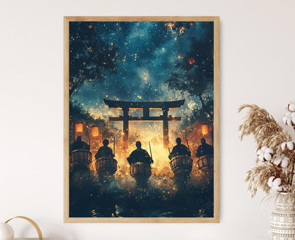 Affiche Tambours Taiko sous un Ciel Étoilé – Poster Musique Traditionnelle Japonaise