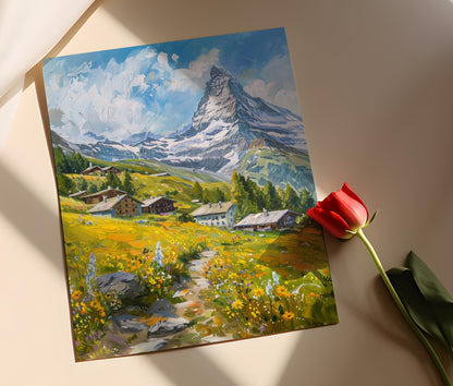 Affiche Montagne – Poster Peinture Village des Alpes Suisses