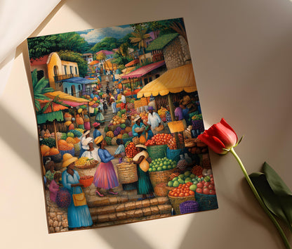 Affiche Marché Haïtien – Illustration Culturelle des Rues des Caraïbes