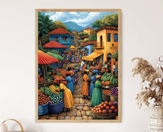 Affiche Marché Angolais – Poster Illustré du Marché de Fruits Africains
