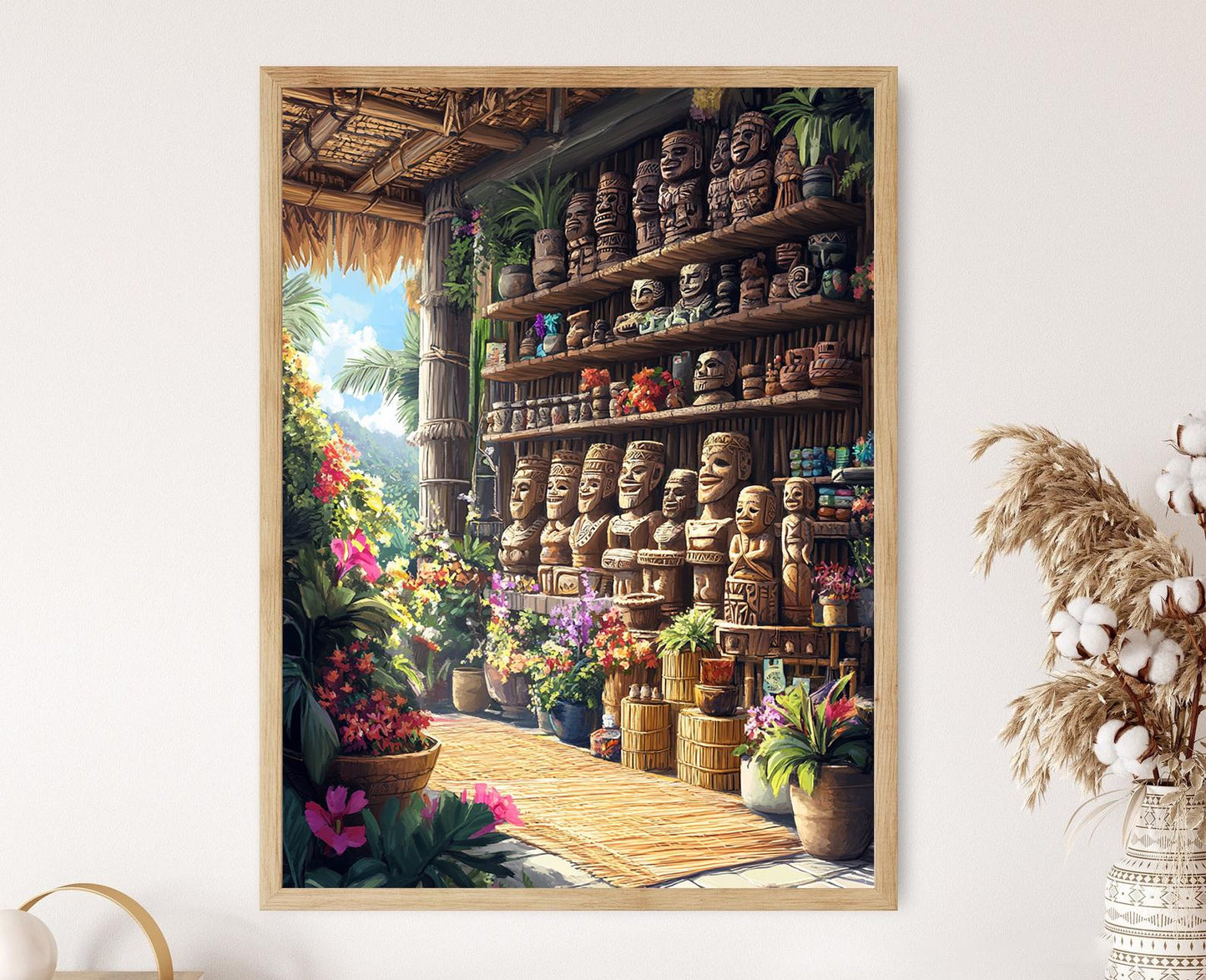 Affiche Tiki – Illustration de Sculptures en Bois Tahitiennes