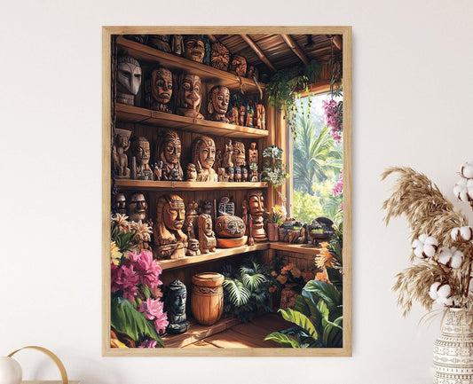 Affiche Tiki Hawaïen – Illustration en Bois Sculpté, Décor Insulaire