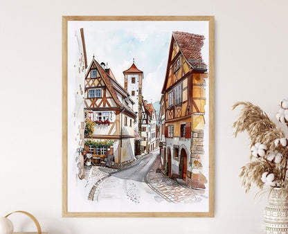 Affiche Rothenburg ob der Tauber – Illustration de ville médiévale allemande