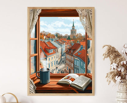 Affiche Kaunas – Poster Ville européenne chaleureuse avec église et toits