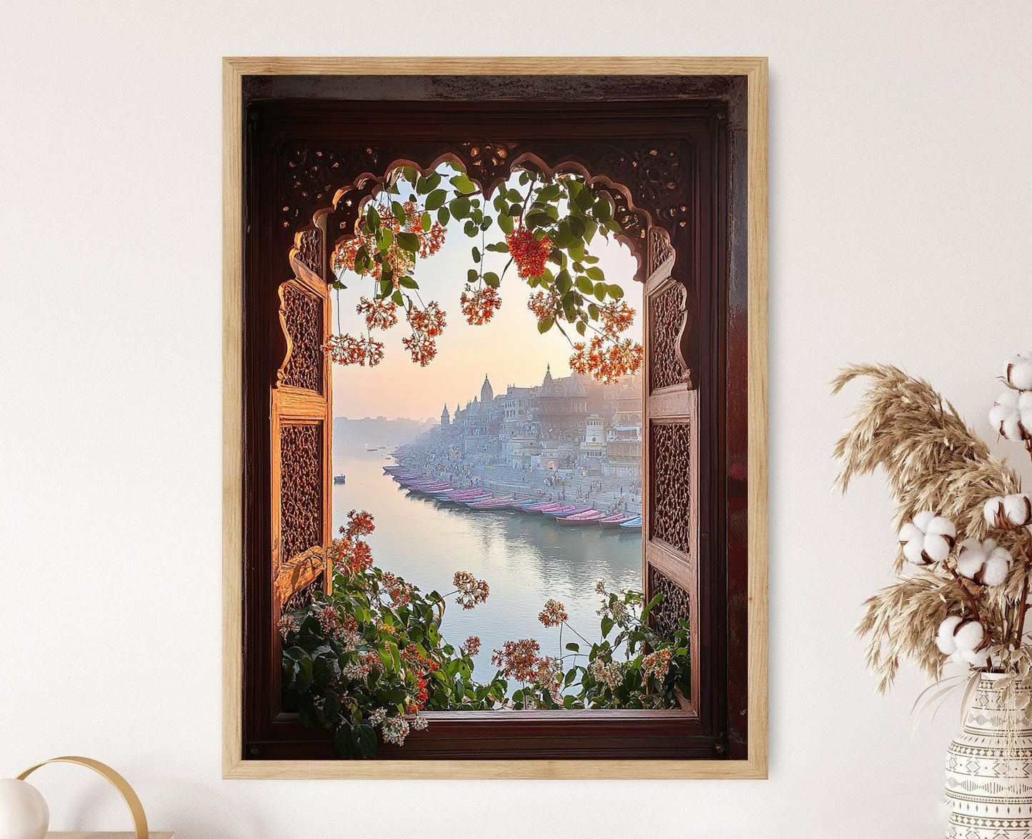 Affiche Varanasi – Impression artistique de la rivière Gange et fenêtres de jasmin