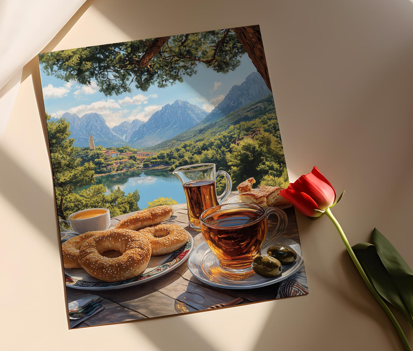 Affiche Petit Déjeuner Turc – Illustration Çay, Simit, et Olives