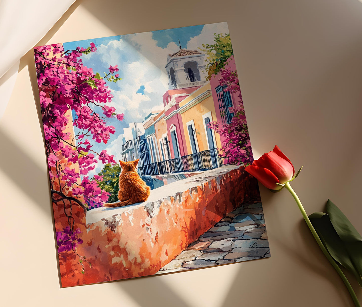 Affiche Vieille San Juan avec Chat – Poster Décoratif Porto-Ricain