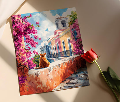 Affiche Vieille San Juan avec Chat – Poster Décoratif Porto-Ricain