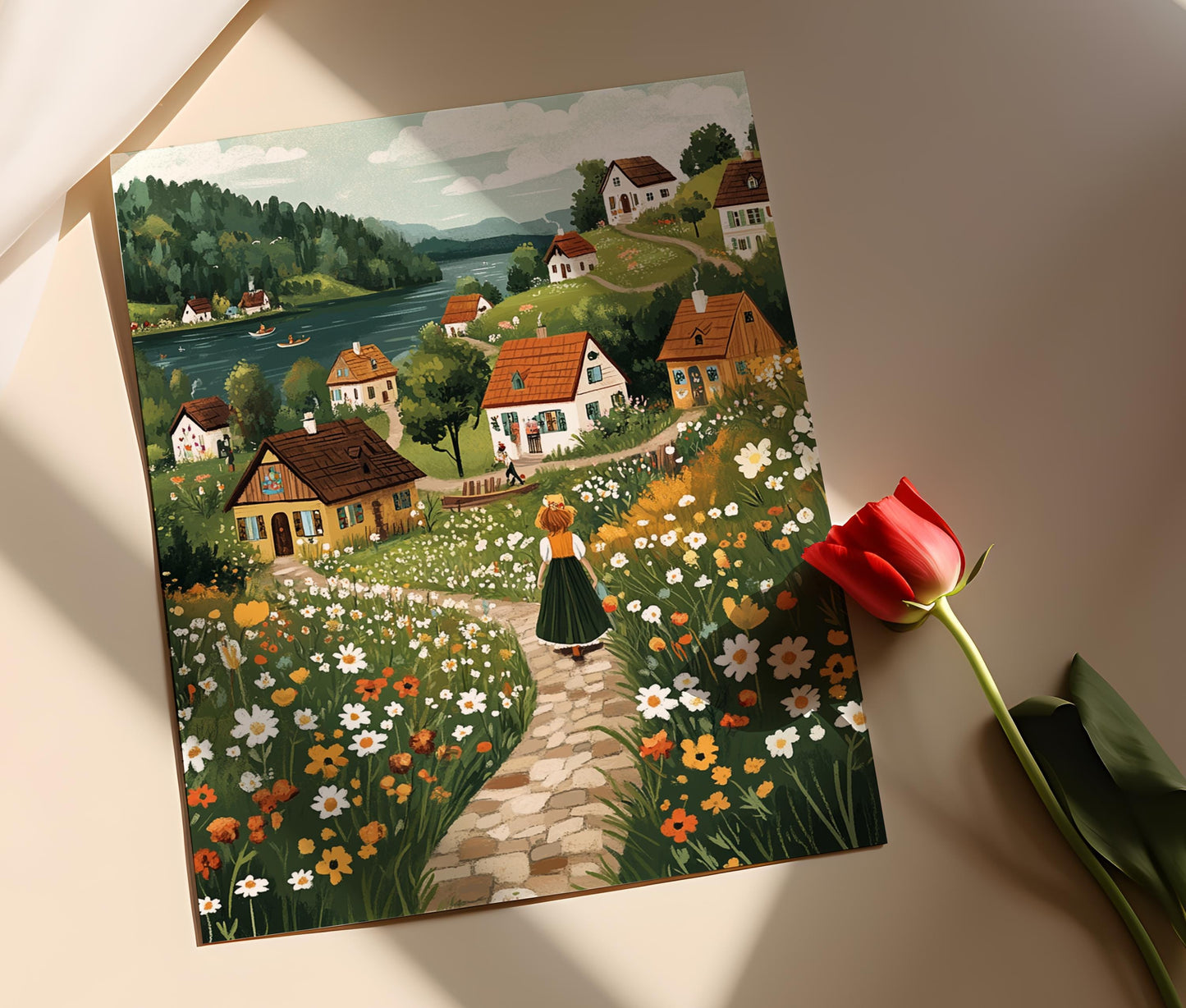 Affiche Village Kashubien – Poster Art Populaire Polonaise, Paysage Lacustre