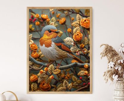 Affiche Oiseau Robin – Poster Broderie Tropicale et Nature