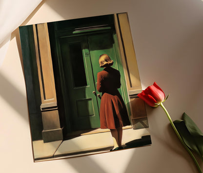 Affiche inspirée d'Edward Hopper – Femme à la porte verte, scène urbaine mélancolique