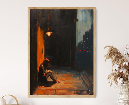 Affiche Femme et Lampadaires – Poster Hommage à Edward Hopper, Art Émotionnel