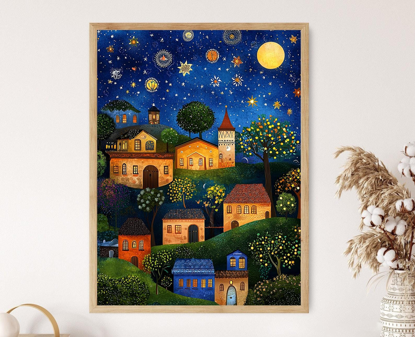 Affiche Village Étoilé – Impression artistique d'une nuit magique avec maisons chaleureuses