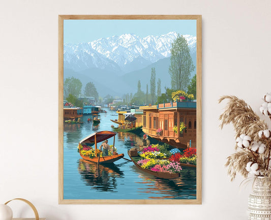 Affiche Maison Bateau sur le Lac Dal – Art du Marché Flottant, Inde