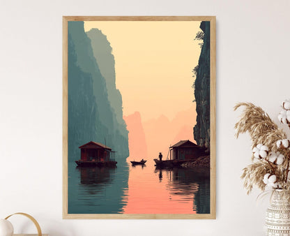 Affiche Ha Long Bay – Illustration de Maisons Flottantes Vietnamiennes