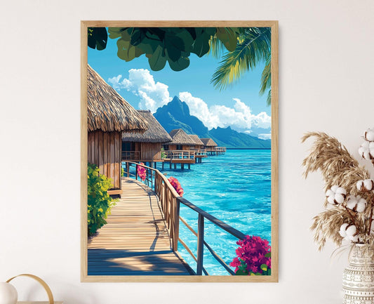 Affiche Bora Bora – Illustration Tropique de Bungalows sur l'Eau
