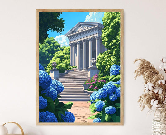 Affiche Pavillon néoclassique belge – Poster Art urbain avec hortensias