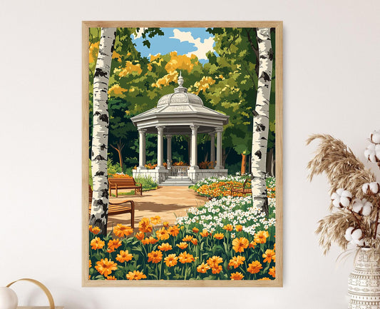 Affiche Jardin Baltique – Poster de Pavillon avec Bouleaux et Statues