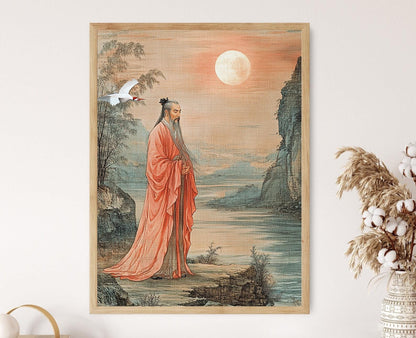 Affiche Confucius – Art mural serein avec grue et pleine lune