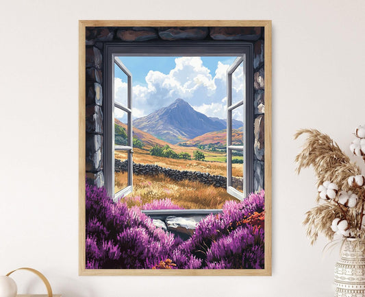 Affiche Cottage Gallois – Poster Art Céleste du Mont Snowdon et Champs de Bruyère