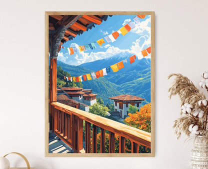 Affiche du Bhoutan – Temple avec Mont Jomolhari et drapeaux bouddhistes