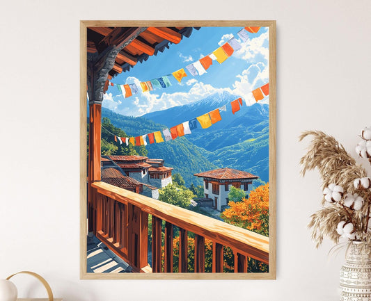 Affiche du Bhoutan – Temple avec Mont Jomolhari et drapeaux bouddhistes