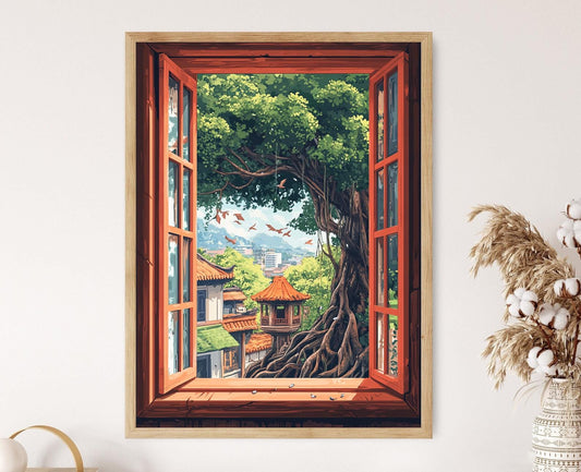 Affiche Art Thaï : Impression de l'Arbre Banyan et Maison des Esprits