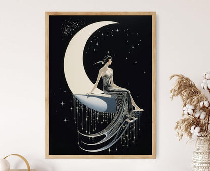 Affiche Art Déco Femme sur Lune – Poster Années Folles Élégant