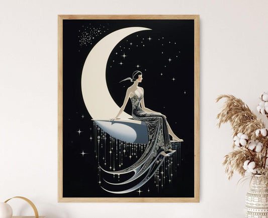 Affiche Art Déco Femme sur Lune – Poster Années Folles Élégant
