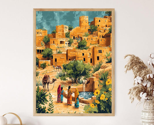 Affiche Art Rajasthani – Poster Scène Colorée de la Vie Désertique