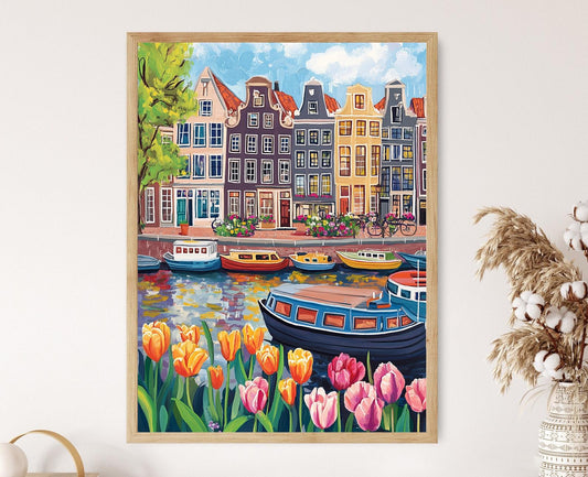 Affiche Amsterdam – Poster illustration colorée de bateaux sur canal néerlandais