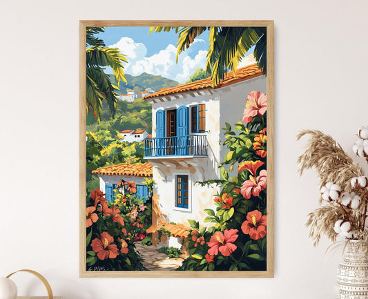 Affiche Maison Coloniale Brésilienne – Art Tropical avec Hibiscus