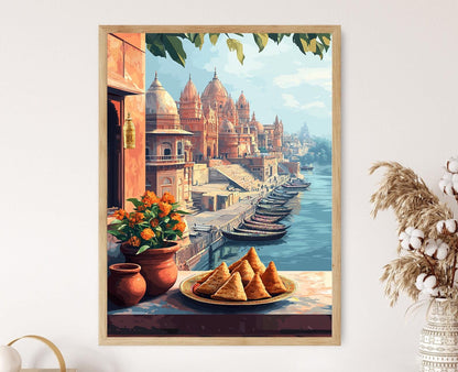 Affiche Varanasi – Art Print Petit Déjeuner : Samosa, Tulsi & Cloche en Laiton
