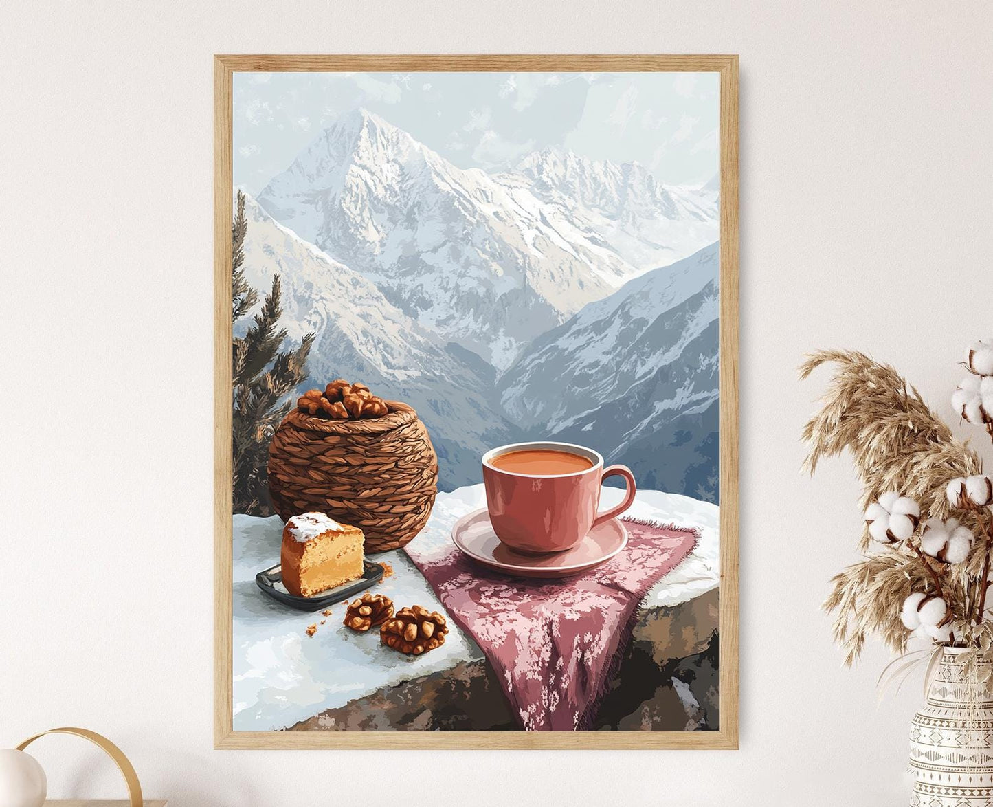 Affiche Srinagar – Poster Matin d'Hiver avec Thé au Beurre et Gâteau aux Noix