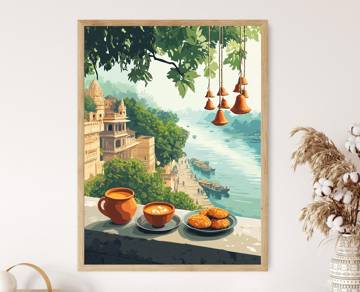 Affiche Varanasi – Impression artistique du Gange, thé et cloches de temple