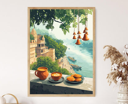Affiche Varanasi – Impression artistique du Gange, thé et cloches de temple