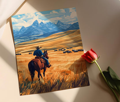 Affiche Cowboy du Montana – Illustration Équestre Prairie, Décor Western