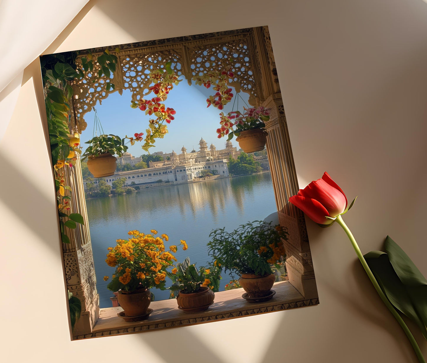 Affiche Udaipur – Poster Art de Lake Pichola et Fenêtres en Treillis