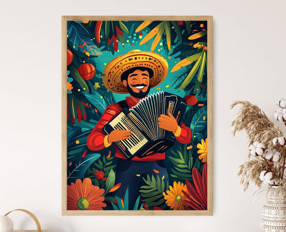 Affiche Art de Musicien Vallenato : Décor Tropical, Musique Latine