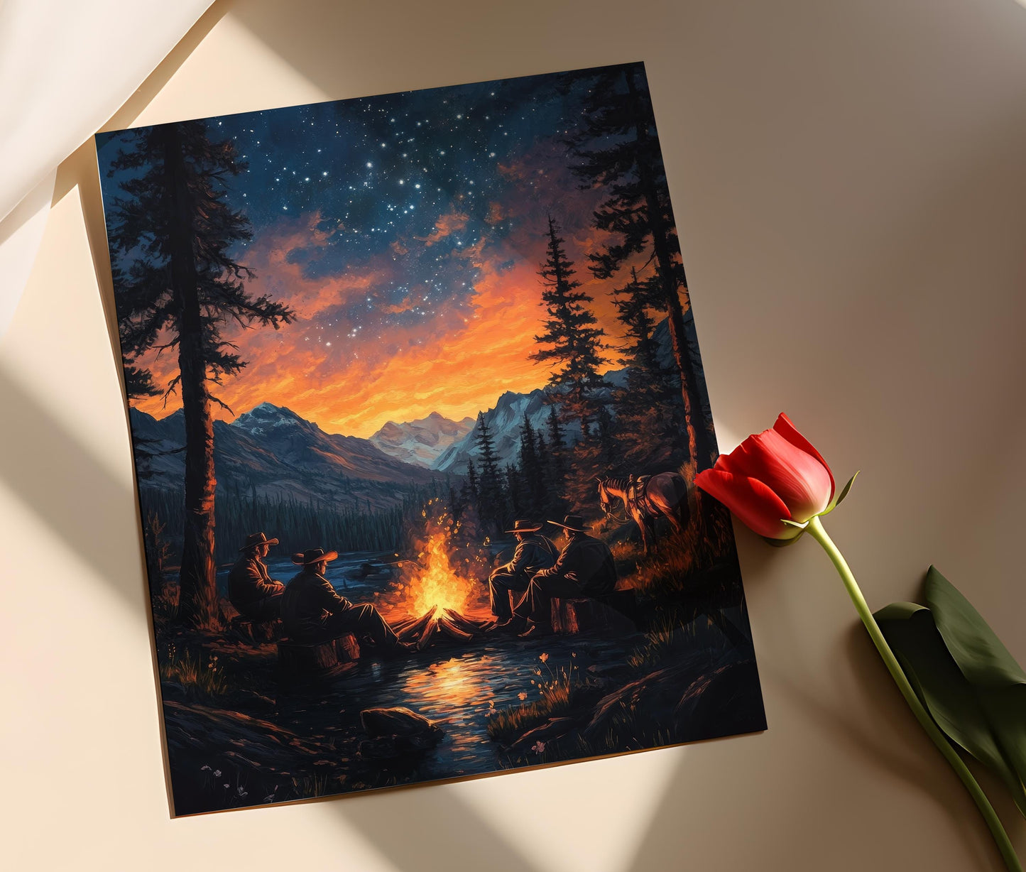 Affiche Cowboy Montanain – Illustration de feu de camp étoilé