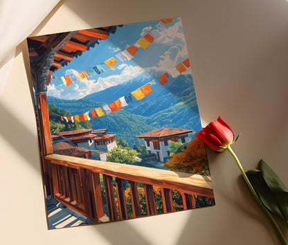 Affiche du Bhoutan – Temple avec Mont Jomolhari et drapeaux bouddhistes