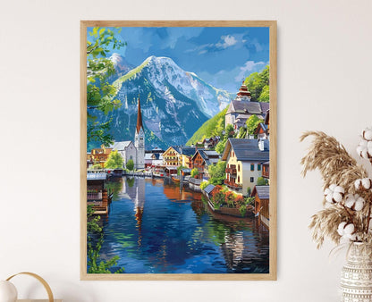 Affiche Hallstatt – Poster village pittoresque au bord du lac en Autriche