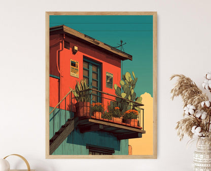 Affiche Balcon d'Austin – Poster Art Indie Cactus et Zinnias au Crépuscule