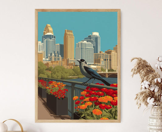 Affiche Scène de Minneapolise – Poster Illustration de Skyline et Jardin Zinnia