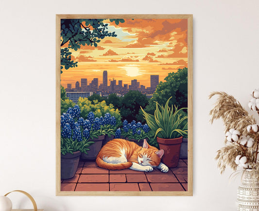 Affiche Dallas – Art Print Chat Dormeur et Fleur Bluebonnet Texas