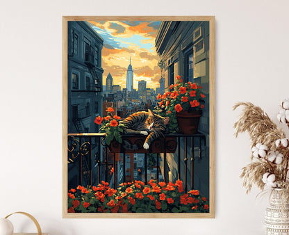 Affiche Scène de Balcon de Chat à Philadelphie – Illustration Skyline Liberty