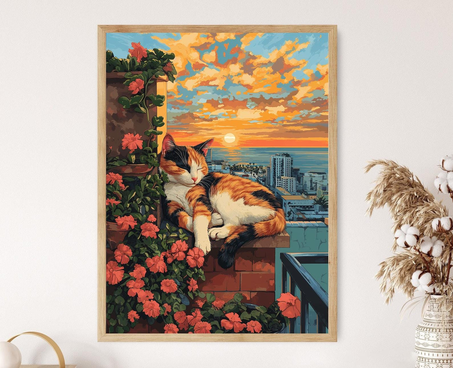 Affiche San Diego – Illustration de chat calico au coucher de soleil