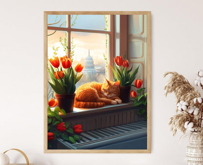Affiche Chat Endormi à Washington D.C. – Illustration Florale Matinale